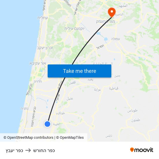 כפר יעבץ to כפר החורש map