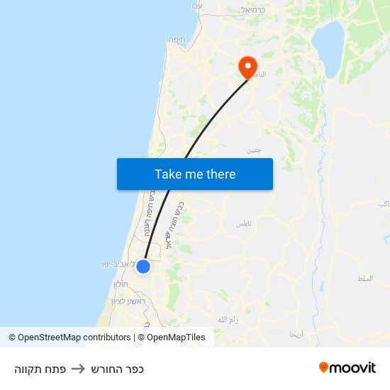 פתח תקווה to כפר החורש map