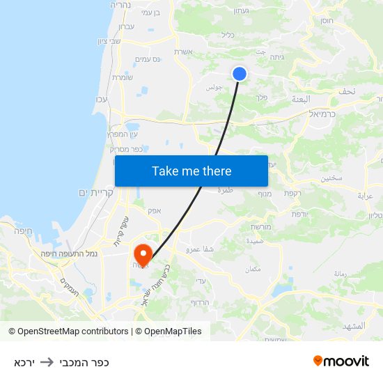 ירכא to כפר המכבי map