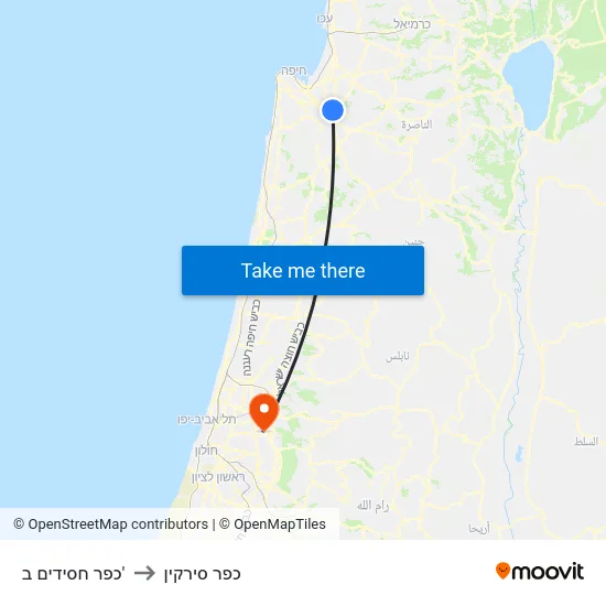 כפר חסידים ב' to כפר סירקין map