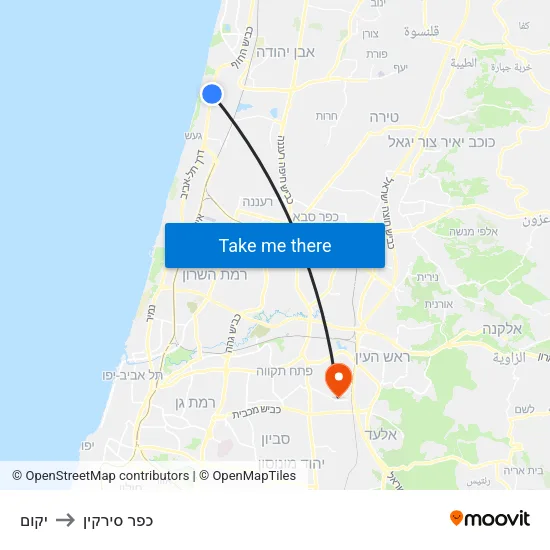 יקום to כפר סירקין map