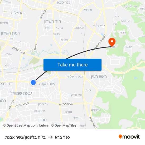 בי''ח בלינסון/גשר אבנת to כפר ברא map