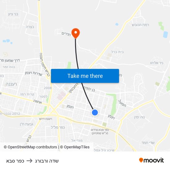 כפר סבא to שדה ורבורג map