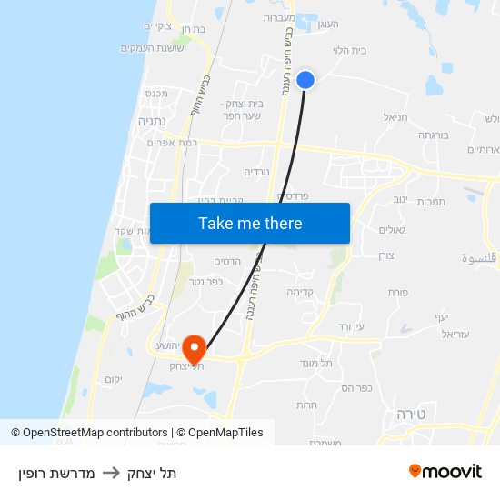 מדרשת רופין to תל יצחק map