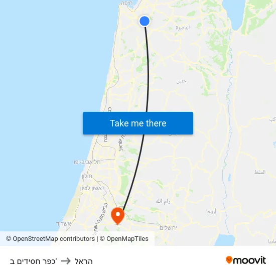 כפר חסידים ב' to הראל map