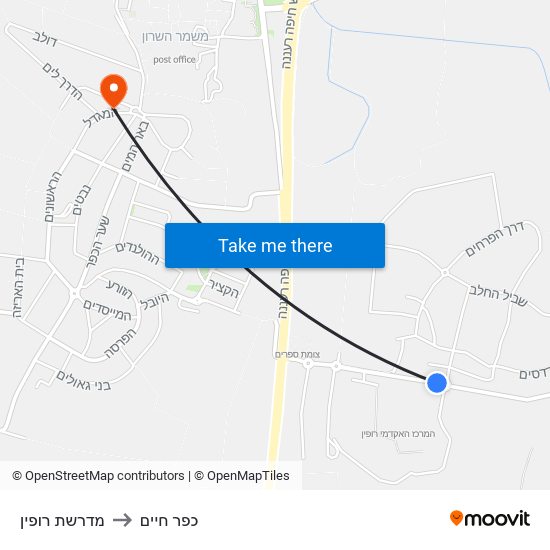 מדרשת רופין to כפר חיים map