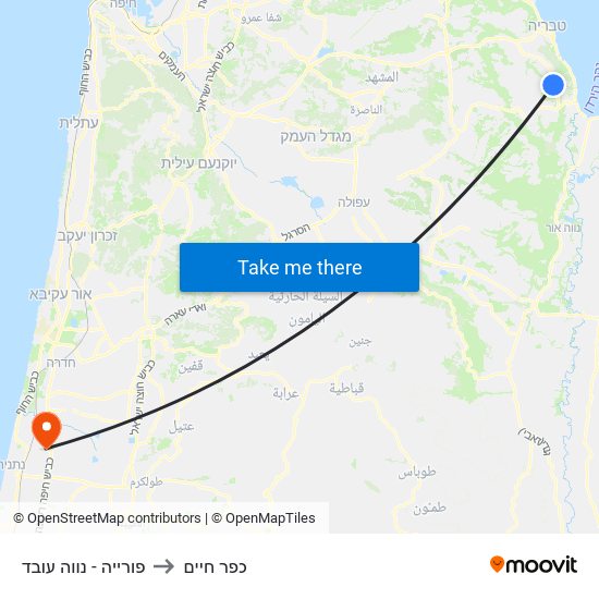 פורייה - נווה עובד to כפר חיים map