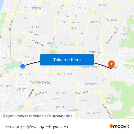 קניון איילון/דרך אבא הלל to ראש העין map