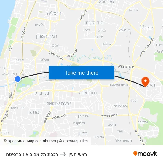 רכבת תל אביב אוניברסיטה to ראש העין map