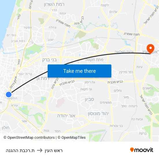 ת.רכבת ההגנה to ראש העין map