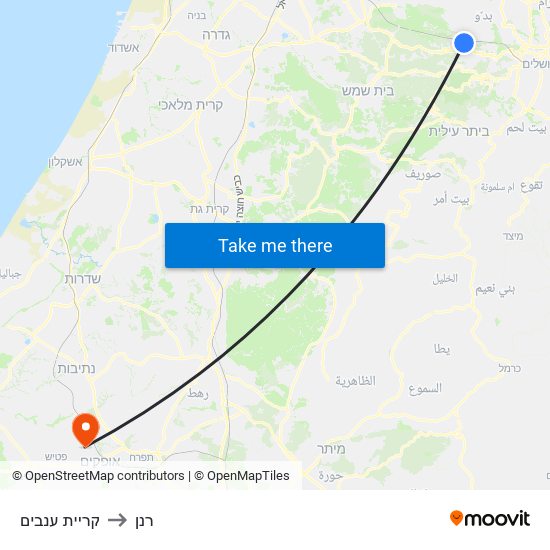 קריית ענבים to רנן map