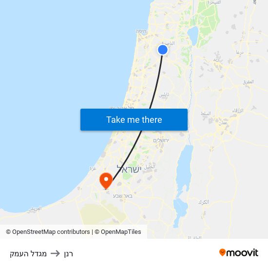 מגדל העמק to רנן map