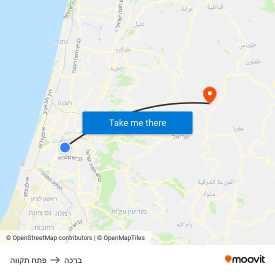 פתח תקווה to ברכה map