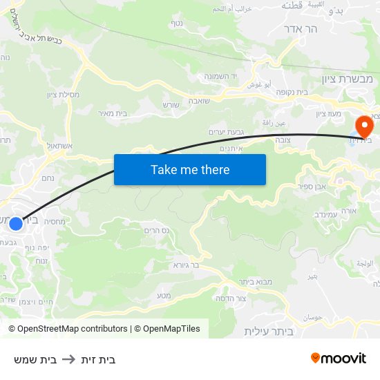 בית שמש to בית זית map