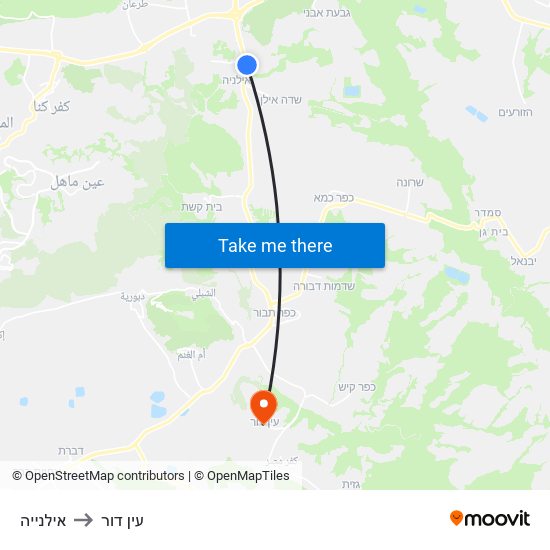 אילנייה to עין דור map