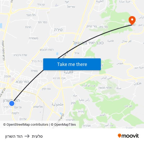 הוד השרון to סלעית map