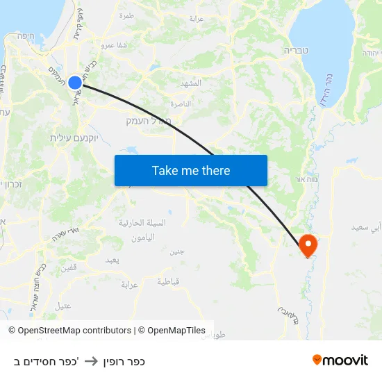 כפר חסידים ב' to כפר רופין map