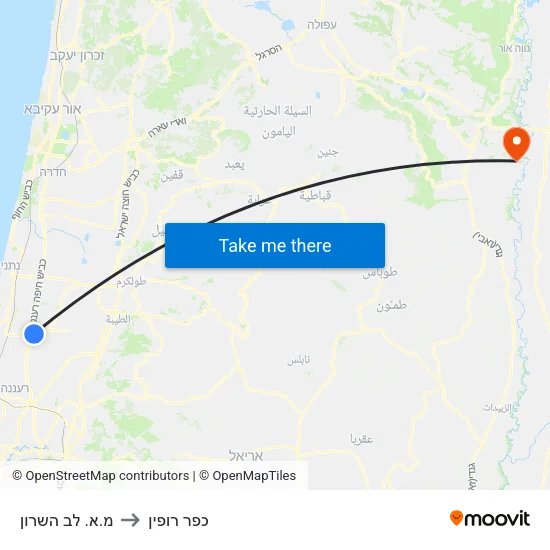 מ.א. לב השרון to כפר רופין map