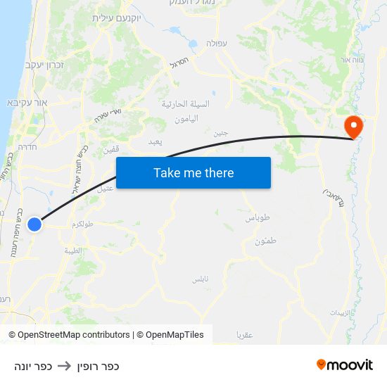 כפר יונה to כפר רופין map