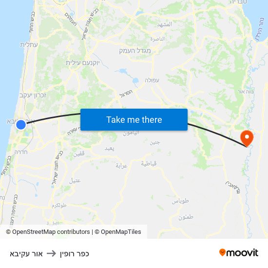 אור עקיבא to כפר רופין map