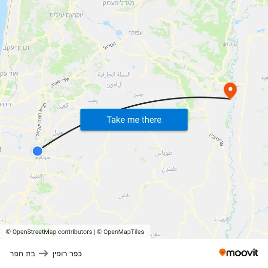 בת חפר to כפר רופין map