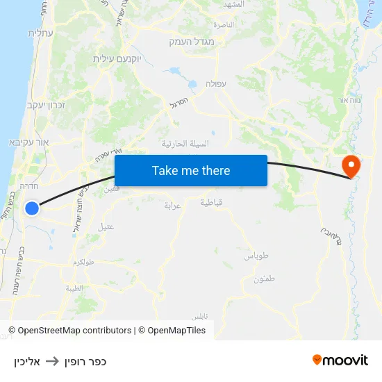 אליכין to כפר רופין map