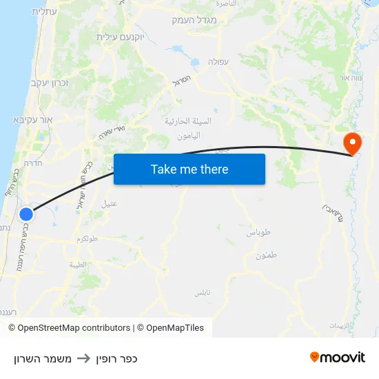 משמר השרון to כפר רופין map