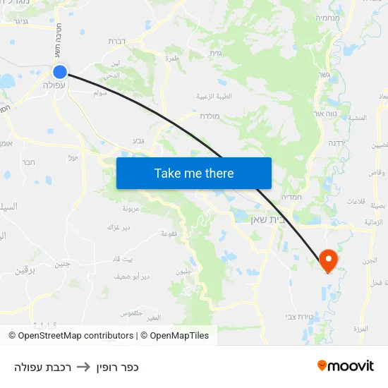 רכבת עפולה to כפר רופין map