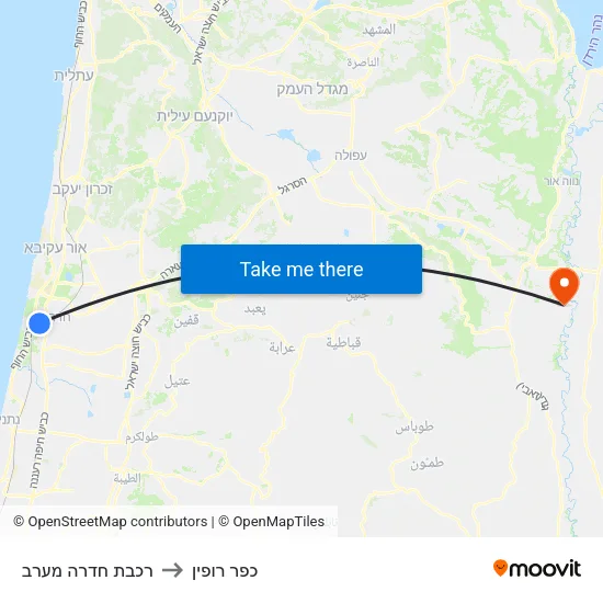 רכבת חדרה מערב to כפר רופין map