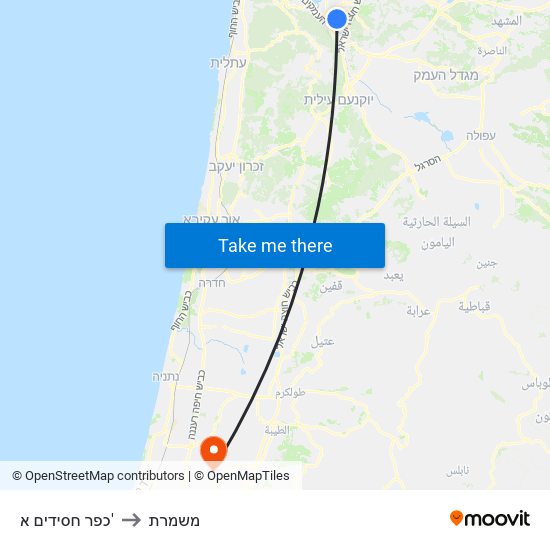 כפר חסידים א' to משמרת map