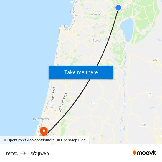 בירייה to ראשון לציון map