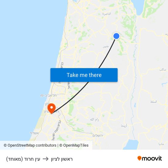 עין חרוד (מאוחד) to ראשון לציון map