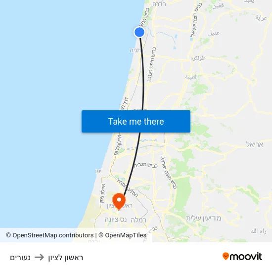 נעורים to ראשון לציון map