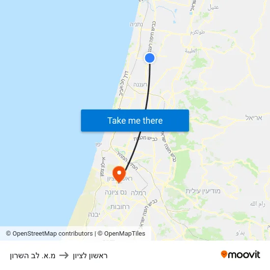 מ.א. לב השרון to ראשון לציון map