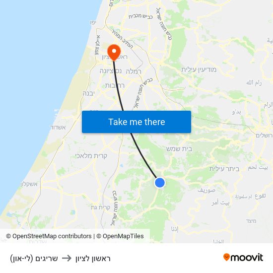 שריגים (לי-און) to ראשון לציון map