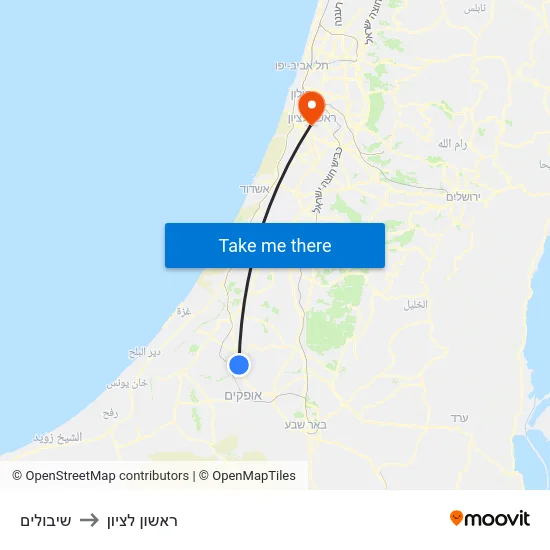 שיבולים to ראשון לציון map