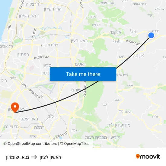 מ.א. שומרון to ראשון לציון map