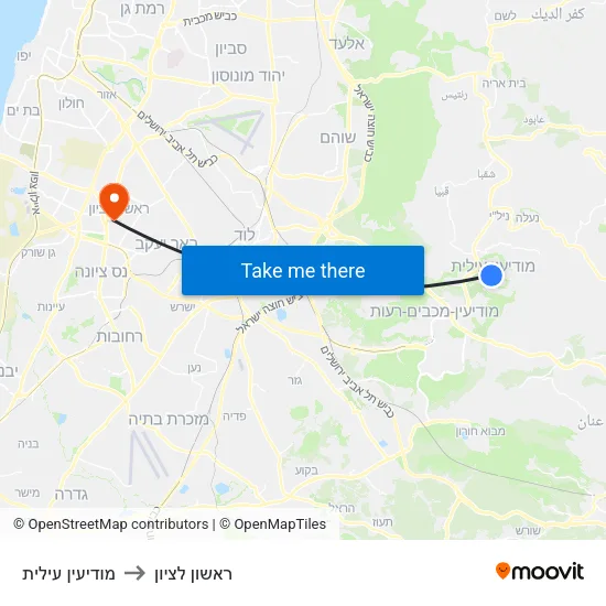 מודיעין עילית to ראשון לציון map