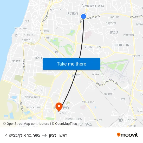 גשר בר אילן/כביש 4 to ראשון לציון map