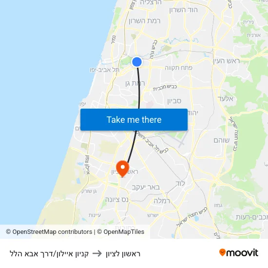 קניון איילון/דרך אבא הלל to ראשון לציון map