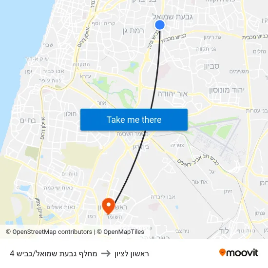 מחלף גבעת שמואל/כביש 4 to ראשון לציון map