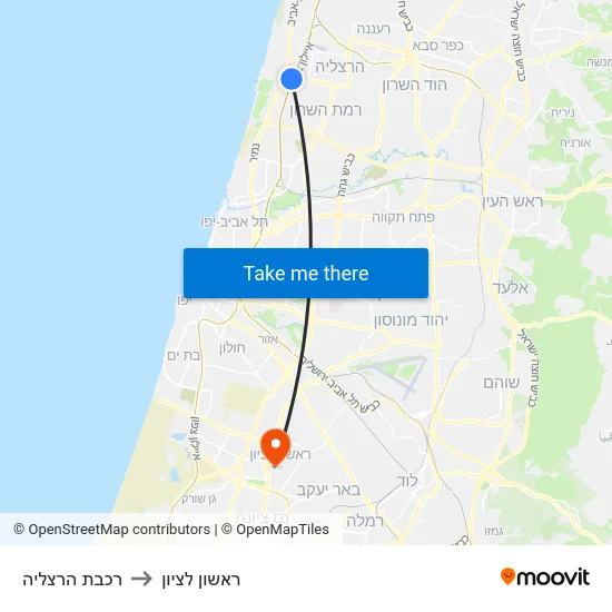 רכבת הרצליה to ראשון לציון map