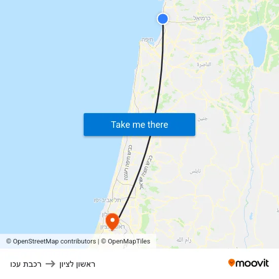 רכבת עכו to ראשון לציון map
