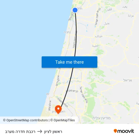 רכבת חדרה מערב to ראשון לציון map