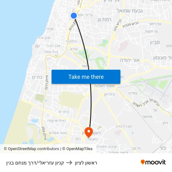קניון עזריאלי/דרך מנחם בגין to ראשון לציון map