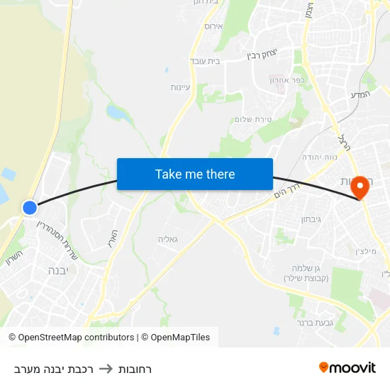 רכבת יבנה מערב to רחובות map