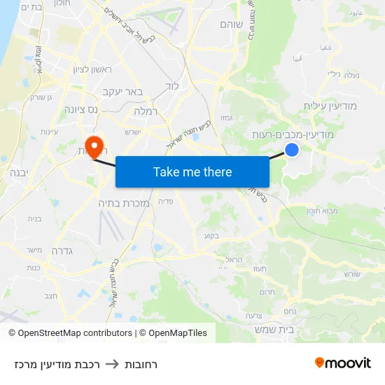 רכבת מודיעין מרכז to רחובות map