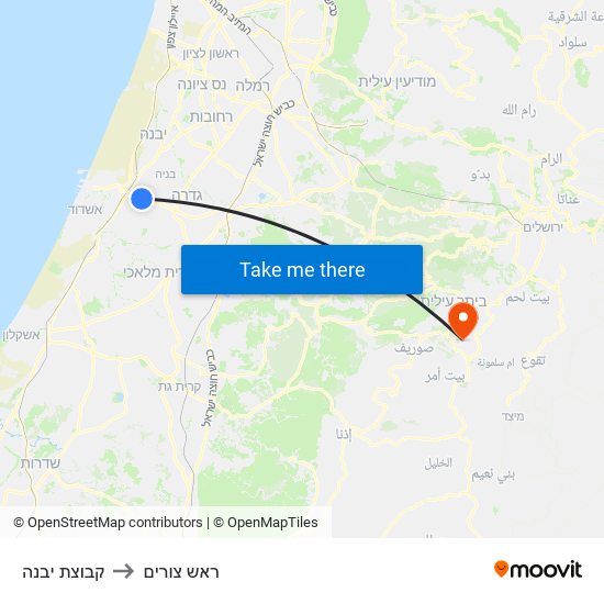 קבוצת יבנה to ראש צורים map