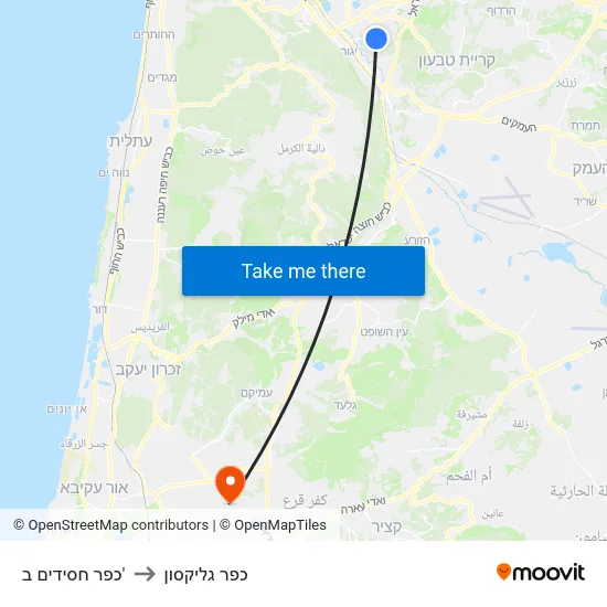 כפר חסידים ב' to כפר גליקסון map
