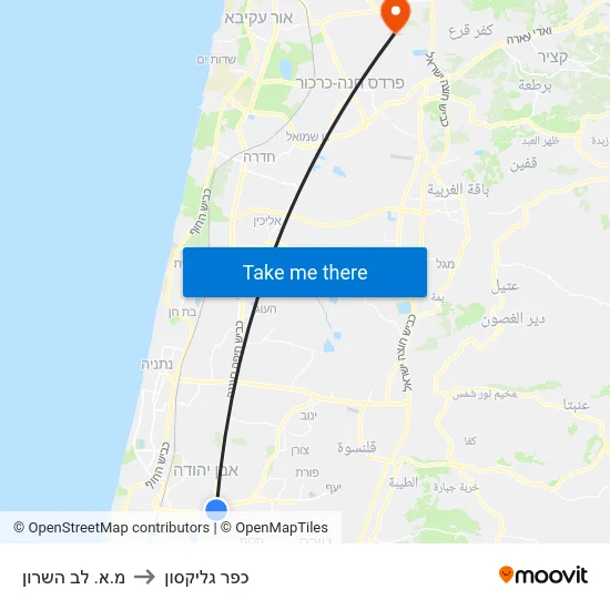 מ.א. לב השרון to כפר גליקסון map
